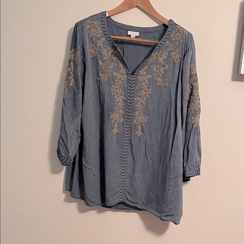 J. Jill Blue Blouse with Gold Embroidery